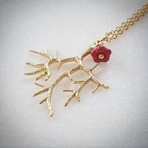 3/$30 Matte Gold Branch 16k Gold Plated Necklace with Red Glass Flower Vead